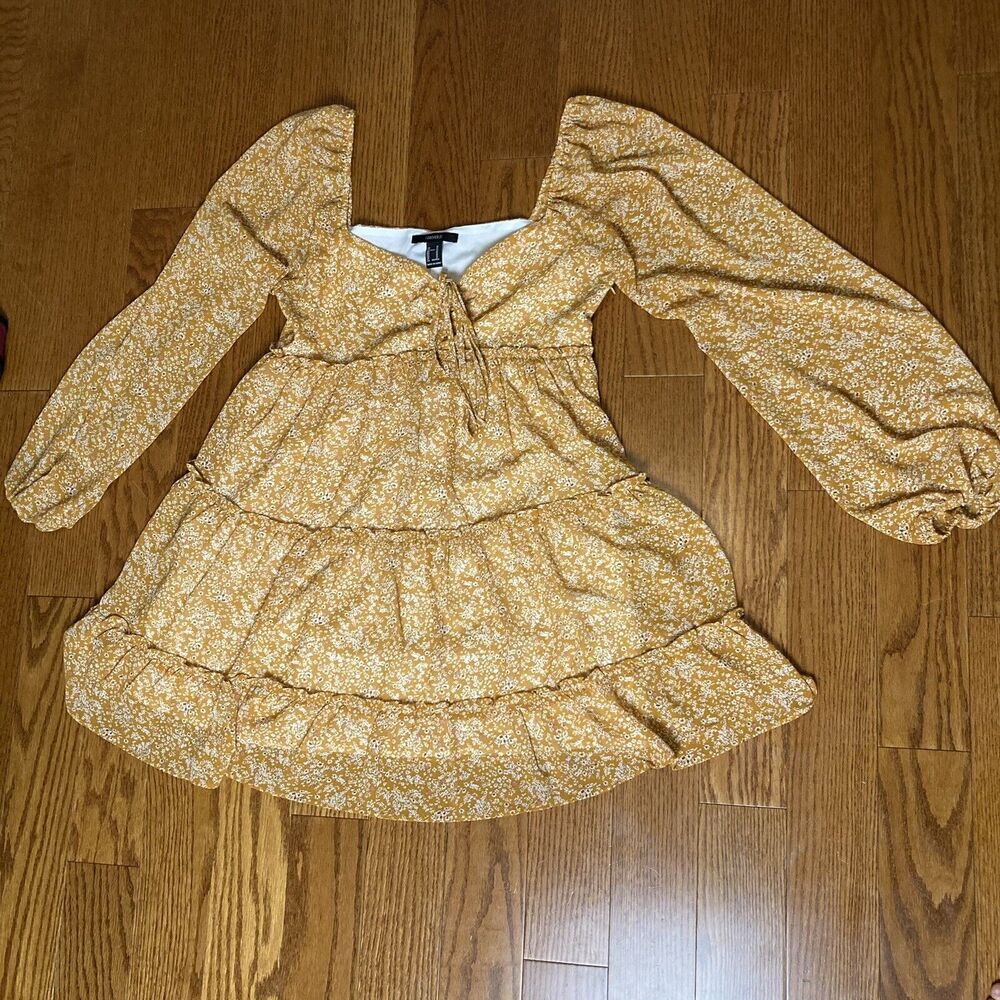 M long sleeve tiered floral flowers short dress prairie cottagecore forever 21